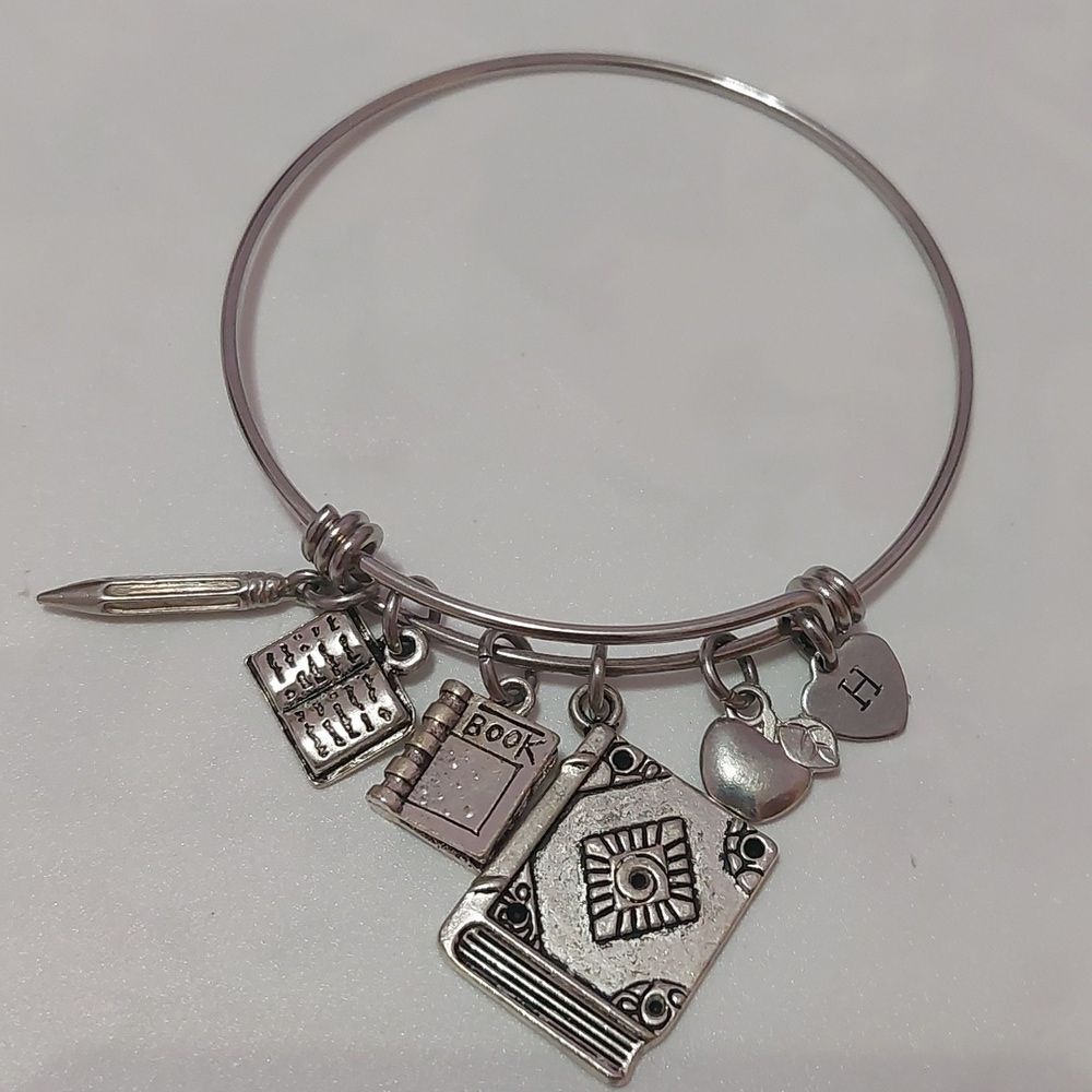 English Teacher Letter H Back To School Expandable Bangle Bracelet Silver Tone